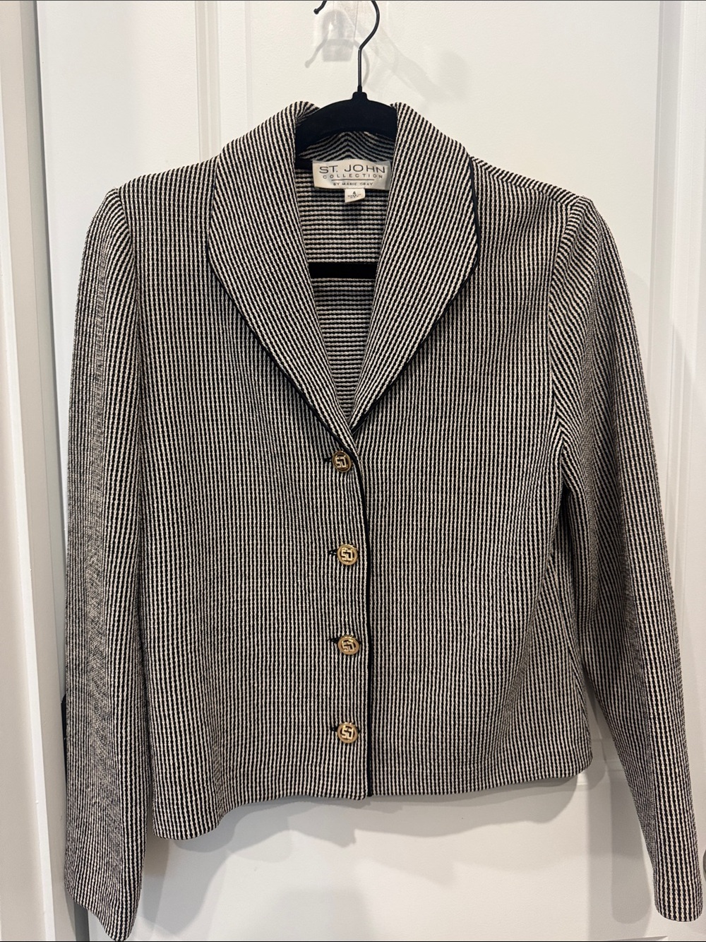 St. John Black & White Striped Knit Blazer with Gold Buttons